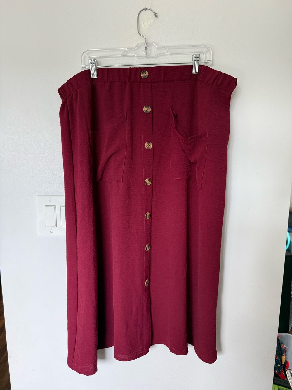Button-Front Wine Red Midi Skirt